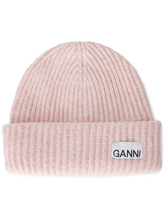 Logo Patch Knit Beanie Pink - GANNI - BALAAN 2