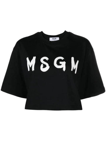 Logo Print Crop Cotton Short Sleeved T-shirt Black - MSGM - BALAAN 1