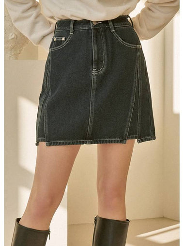 Women's Erling Stitch Line Denim Mini A-Line Skirt Dark Blue - MICANE - BALAAN 1