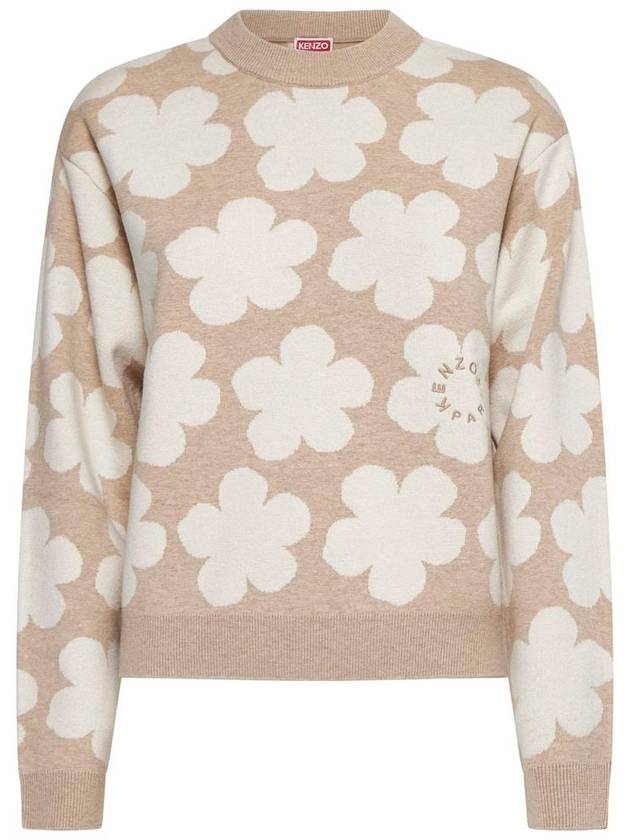 Floral Detail Crew Neck Knit Top Beige - KENZO - BALAAN 2