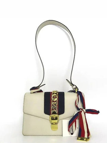 421882 Gucci Sylvie Off White Leather Ribbon Tote Strap Shoulder Bag 2WAY - GUCCI - BALAAN 1