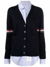 Women's Cotton Pointelle Cable Knit Short Sleeve Cardigan Navy - THOM BROWNE - BALAAN 2