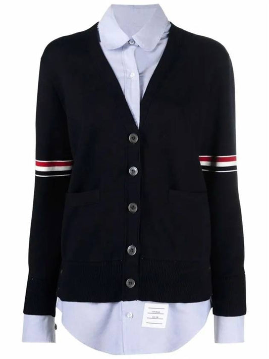 Women's Cotton Pointelle Cable Knit Short Sleeve Cardigan Navy - THOM BROWNE - BALAAN.