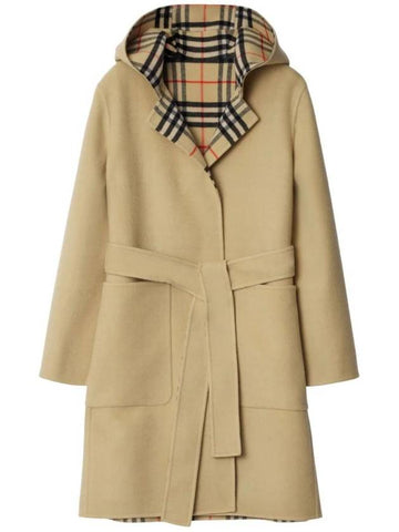 Check Reversible Hampshire Mid-length Wool Single Coat Flax - BURBERRY - BALAAN 1