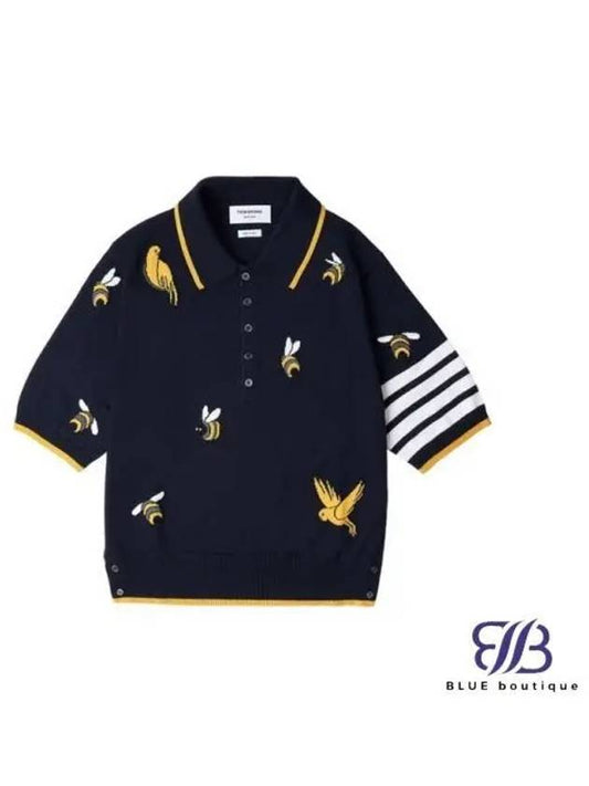 Men's Bird Bee Half Drop 4 Bar Merino Cotton Short Sleeve Polo Shirt Navy - THOM BROWNE - BALAAN 2