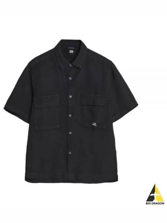 Linen Short Sleeve Shirt Black - CP COMPANY - BALAAN 2