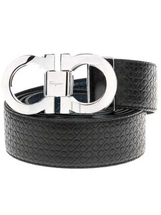 Double Gancini Reversible Leather Belt Black Fiore Blue - SALVATORE FERRAGAMO - BALAAN 2