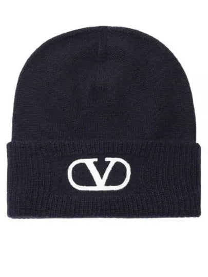 V Logo Turn-Up Wool Beanie Navy - VALENTINO - BALAAN 2