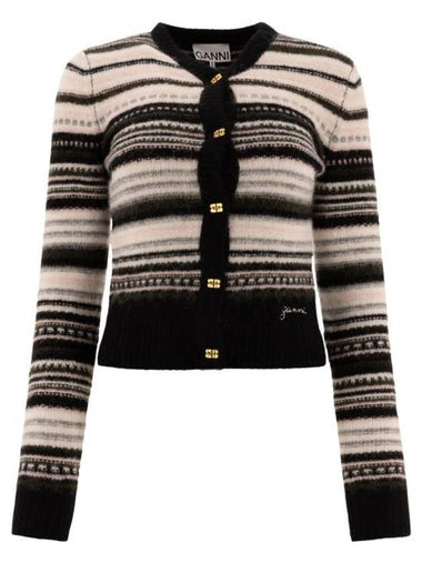 Logo Stripe Wool Cardigan Black - GANNI - BALAAN 1