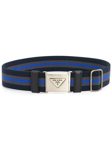 Men's Silver Logo Striped Casual Belt Blue - PRADA - BALAAN 1