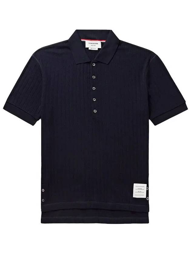 RWB Button Ribbed Polo Wool Knit Top Navy - THOM BROWNE - BALAAN 2