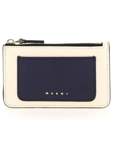 Saffiano Two-Tone Zipper Card Wallet Shell Moca Blublack - MARNI - BALAAN 1