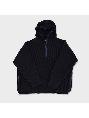 Unisex Wool Blend Half Zip-Up Knit Hoodie Black - RESPECT - BALAAN 1