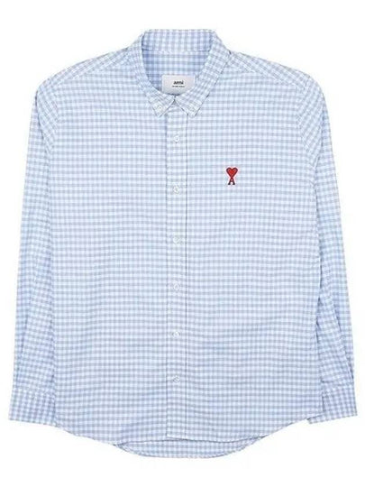 Small Heart Logo Gingham Button Long Sleeves Shirt Sky Blue - AMI - BALAAN 2