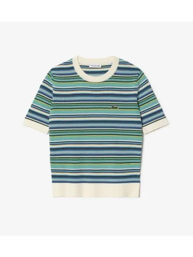 Women s Summer Striped Short Sleeve Sweater Polo Ocean Mix - LACOSTE - BALAAN 1