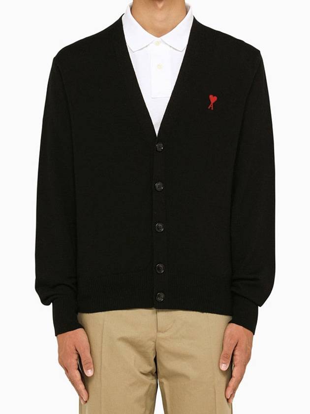 Red Heart Logo Merino Wool Cardigan Black - AMI - BALAAN 4