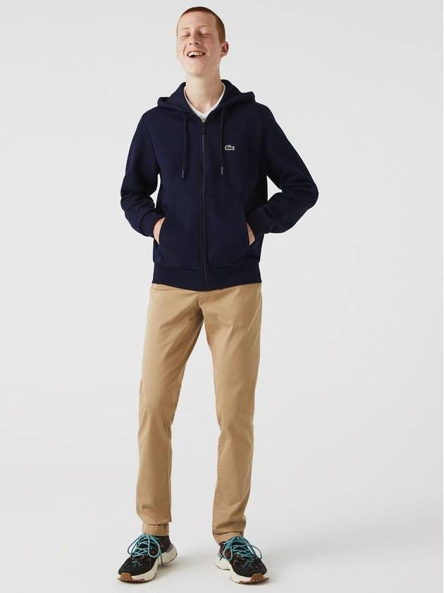 Embroidery Logo Kangaroo Pocket Fleece Zip Up Hoodie Navy - LACOSTE - BALAAN 6