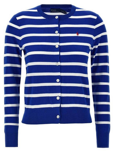 Embroidery Logo Striped Crew Neck Cardigan Blue - POLO RALPH LAUREN - BALAAN 1