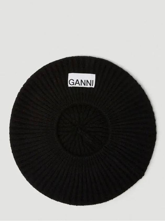 Logo Patch Wool Blend Ribbed Knit Beret - GANNI - BALAAN 2