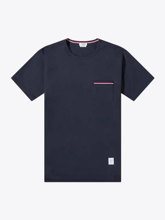 Men's Medium Weight Jersey Tipped Pocket Crewneck Short Short Sleeve T-Shirt Navy - THOM BROWNE - BALAAN 2