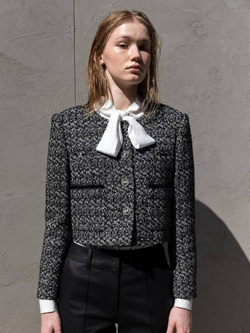 Women's French Wool Tweed Crop Jacket Black - DEFEMME - BALAAN 1
