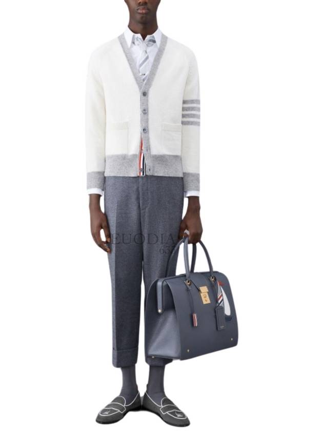 V-Neck 4-Bar Wool Cardigan White - THOM BROWNE - BALAAN 4