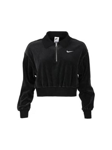 Women's Velour Cropped 1/4 Zip Long Sleeve T-Shirt Black - NIKE - BALAAN 1