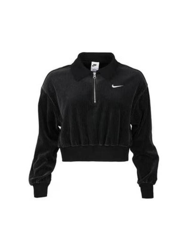 Women's Velour Cropped 1/4 Zip Long Sleeve T-Shirt Black - NIKE - BALAAN 2