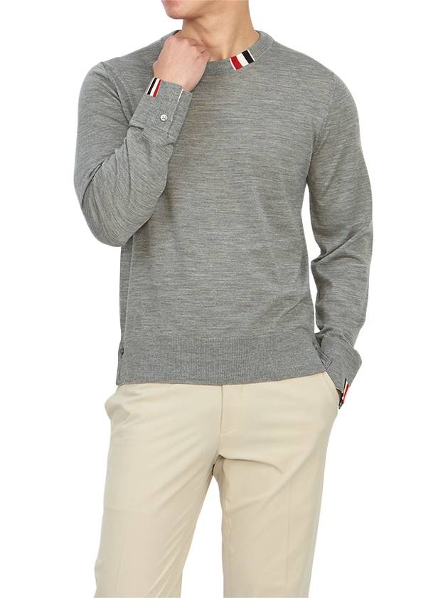 Intarsia Stitch Crew Neck Merino Wool Knit Top Light Grey - THOM BROWNE - BALAAN 6