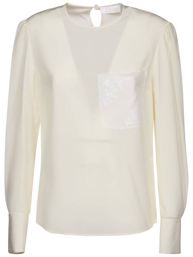 Women's Chest Embroidery Deco Silk Blouse Dusty White - CHLOE - BALAAN 1