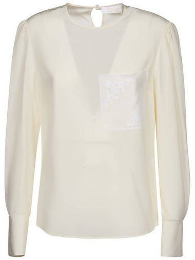 Women's Chest Embroidery Deco Silk Blouse Dusty White - CHLOE - BALAAN 1