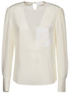 Women's Chest Embroidery Deco Silk Blouse Dusty White - CHLOE - BALAAN 1