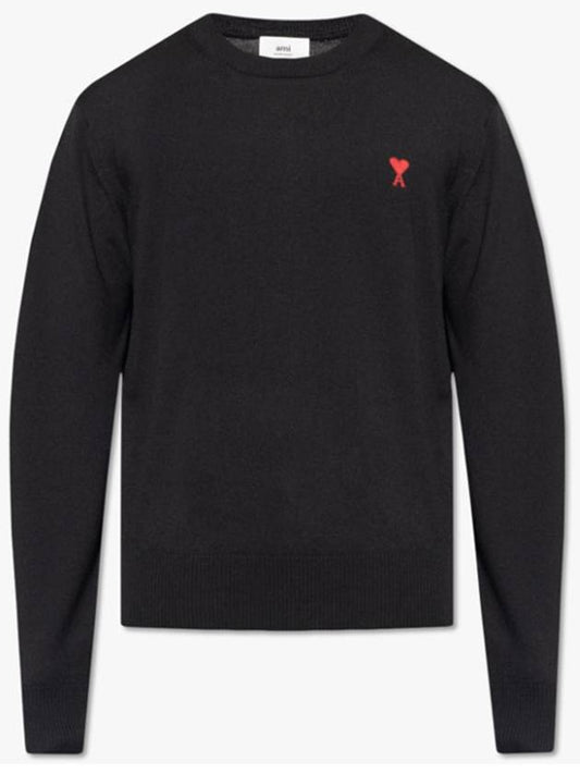 Heart Embroidered Logo Crew Neck Knit Top Black - AMI - BALAAN 2