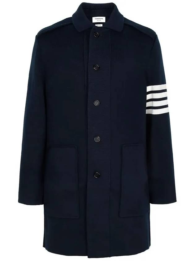 Cotton Cashmere Interlock 4-Bar Polo Collar Overcoat Navy - THOM BROWNE - BALAAN 4