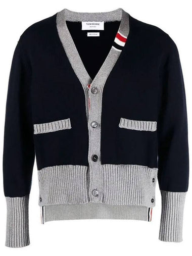 THOM BROWNE Three Stripe V Neck Cotton Cardigan Navy MKC466A Y3017 415 - THOM BROWNE - BALAAN