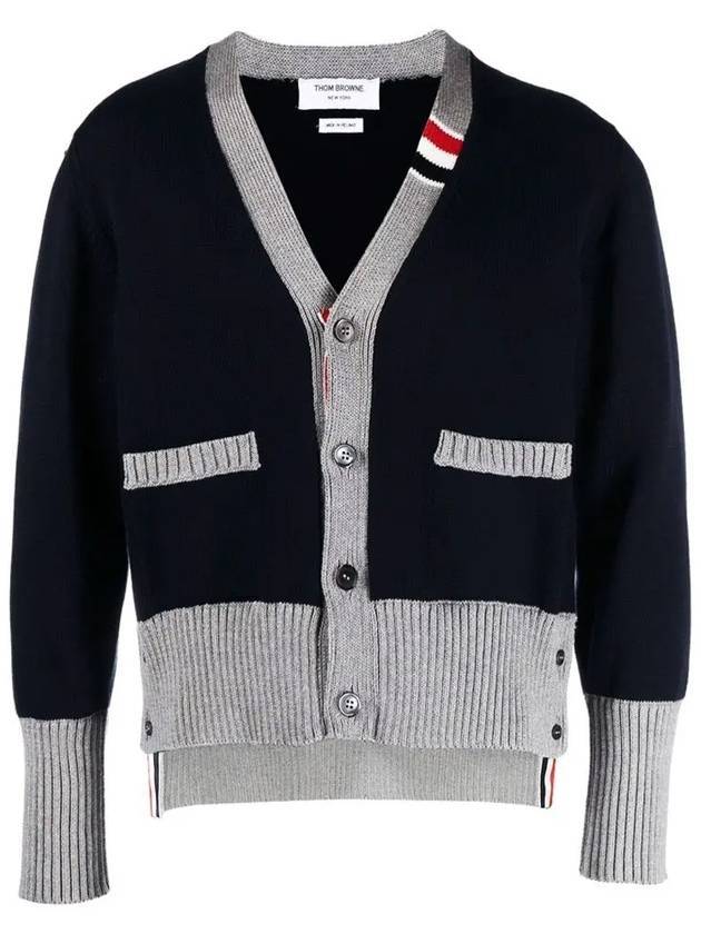 Three Stripe V Neck Cotton Cardigan Navy - THOM BROWNE - BALAAN 1