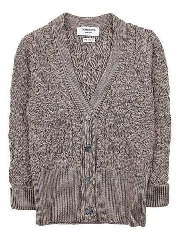 Merino Wool Crisscross Cable Stitch 3/4 Sleeve V-Neck Cardigan Medium Brown - THOM BROWNE - BALAAN 2