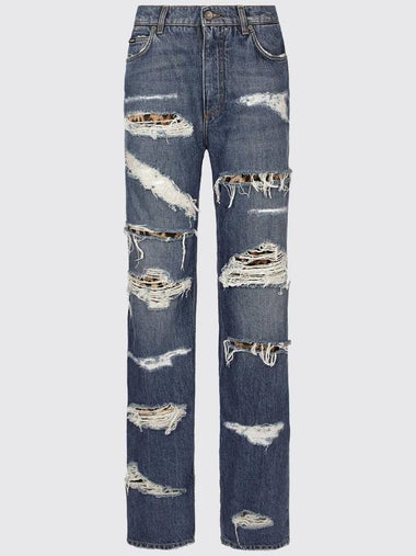 Jeans Dolce & Gabbana in denim used e raso stretch stampa animalier - DOLCE&GABBANA - BALAAN 1