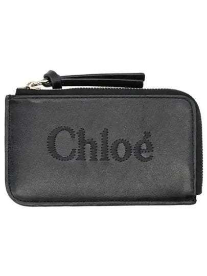 Embroidered Logo Shiny Calf Skin Zipper Card Wallet Black - CHLOE - BALAAN 2