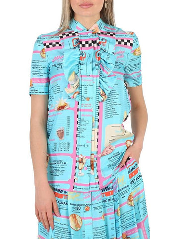 Moschino All-Over Diner Menu Print Short Sleeve Silk Blouse, Brand Size 40 (US Size 6) - MOSCHINO - BALAAN 1