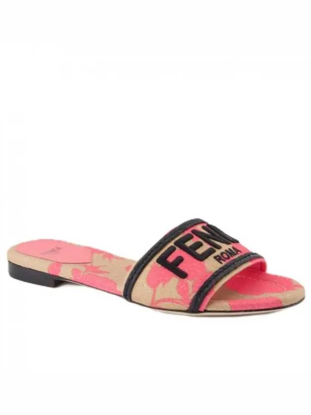 Rose Print Embroidered Logo Canvas Slide Slippers Pink - FENDI - BALAAN 2