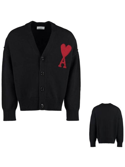 Heart Logo V Neck Wool Cardigan Black - AMI - BALAAN 2