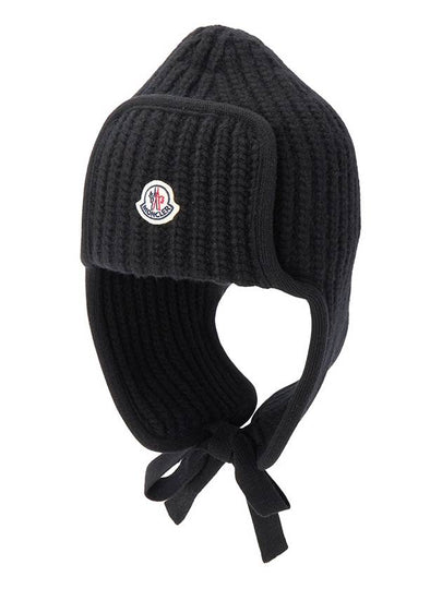 Logo Patch Wool Beanie Black - MONCLER - BALAAN 2