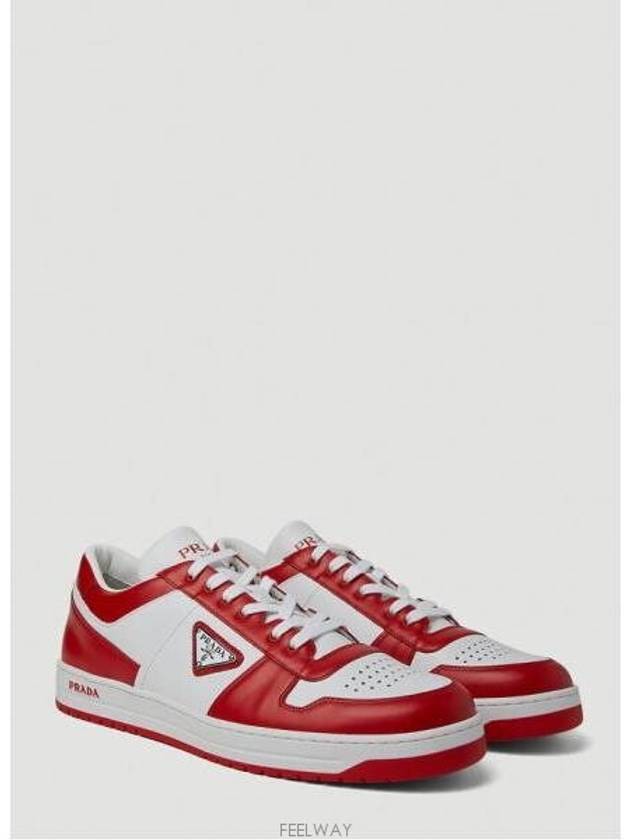 Men's Downtown Triangle Logo Leather Low Top Sneakers White Lacquer Red - PRADA - BALAAN 3