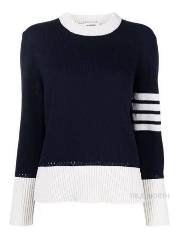 crew neck pullover knit navy - THOM BROWNE - BALAAN.