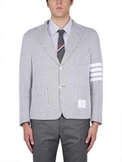 Men's 4 Bar Seesucker Loopback 4 Bar Sack Cardigan Grey - THOM BROWNE - BALAAN 2