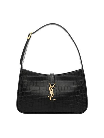 Bronze Monogram Le 5 A 7 Hobo Bag in Crocodile Embossed Shiny Leather Black - SAINT LAURENT - BALAAN 1