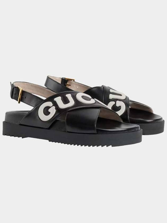 Women's Logo Leather Sandals Black - GUCCI - BALAAN 2