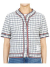 Women's Gingham Stripe Trimmed Short Sleeve Cardigan Medium Grey - THOM BROWNE - BALAAN 3