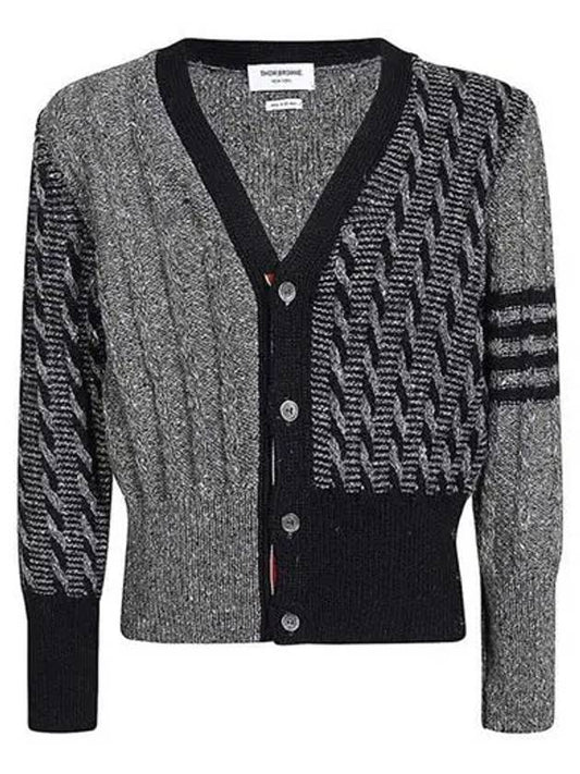 Funmix Donnyroll Cable 4 Bar V-Neck Cardigan Medium Grey - THOM BROWNE - BALAAN 2